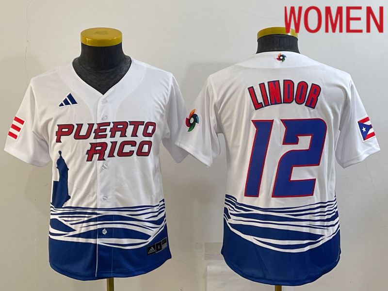 Women 2023 World Cub #12 Lindor White MLB Jersey8->women mlb jersey->Women Jersey
